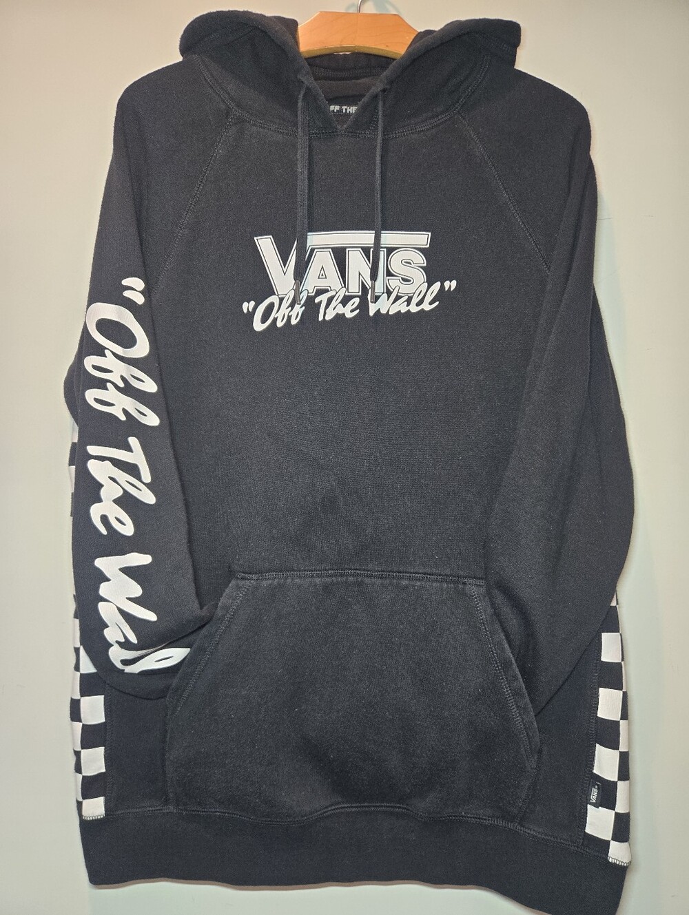 Vans Off The Wall Hoodie Men's Large Black Checkerboard Graphic Logo Spellout